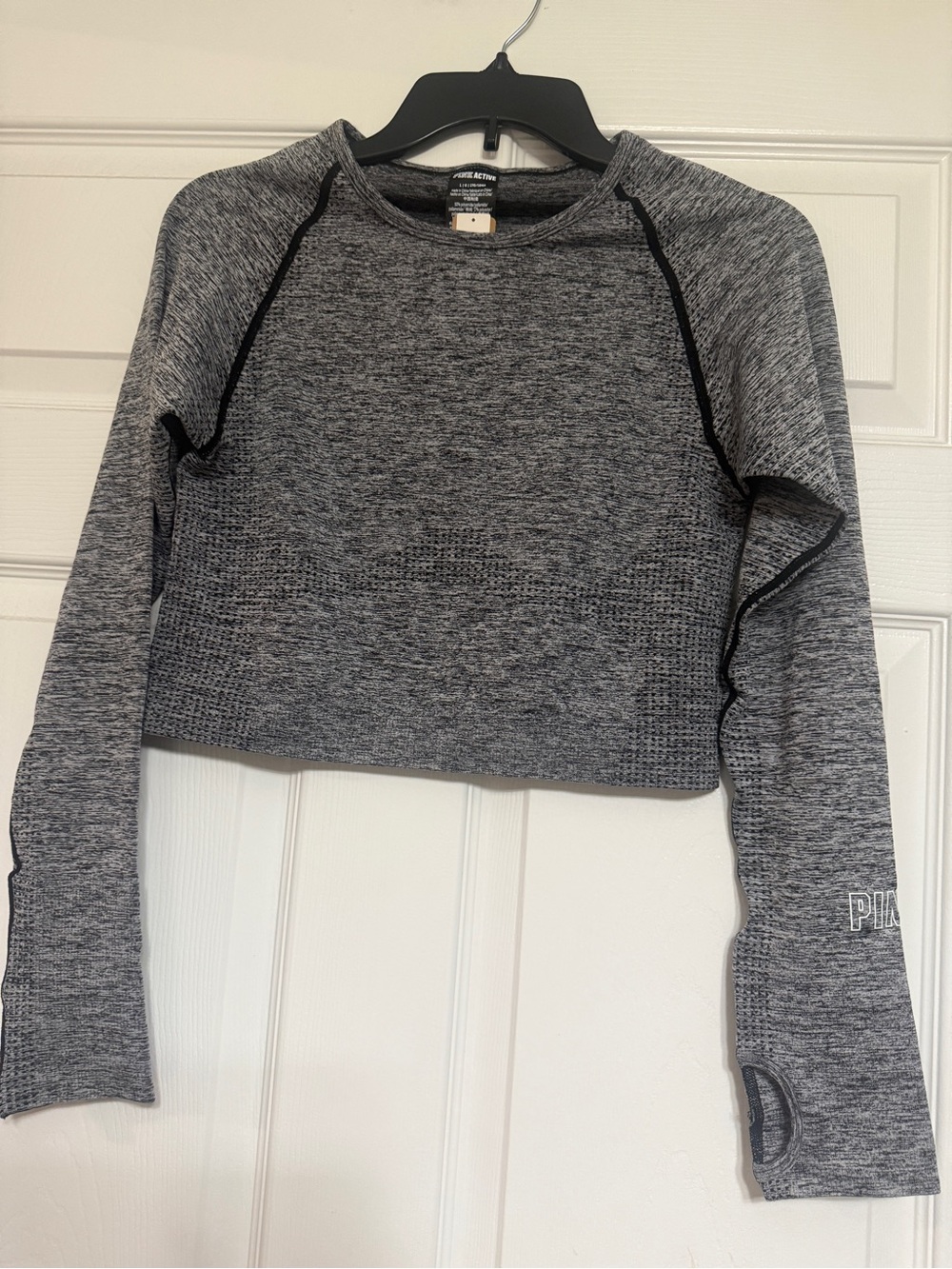 PINK Victoria's Secret Gray Heather Long-Sleeve Crop Top with Thumbholes